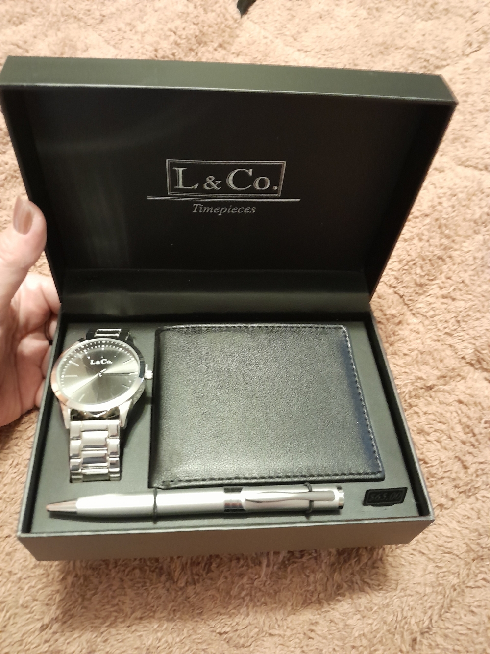 L & Co. Silver Men's Watch Gift Set with Black Wallet & Silver Pen